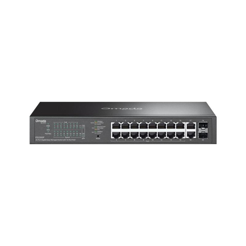 Omada 20-Port Switch ES220GP, • 16× 10/100/1000 Mbps PoE+ RJ45 Ports (support 802.3at PoE+ and 802.3af PoE)• 2× 10/100/1000 Mbps RJ45 Port• 2 × Gigabit SFP Slot, 100–240 VAC, 50/60 Hz, capacitate switch 40 Gbps - imaginea 1