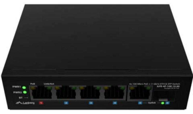 Switch Lanberg ILFE-4P-1GE-1S-90, 1 port 100BASE-T 802.3bt PoE++, 3 porturi 100BASE-T 802.3af/802.3at PoE+, Unmanaged, maxiumum network link speed 100 Mbps, 1000 Mbps, latime de banda 12 Gbps, standar PoE 802.3at, 802.3af, 802.3bt - imaginea 1