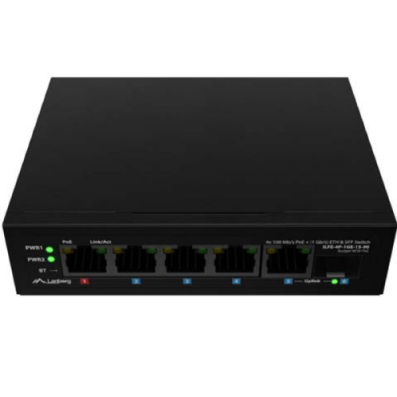Switch Lanberg ILFE-4P-1GE-1S-90, 1 port 100BASE-T 802.3bt PoE++, 3 porturi 100BASE-T 802.3af/802.3at PoE+, Unmanaged, maxiumum network link speed 100 Mbps, 1000 Mbps, latime de banda 12 Gbps, standar PoE 802.3at, 802.3af, 802.3bt - imaginea 1