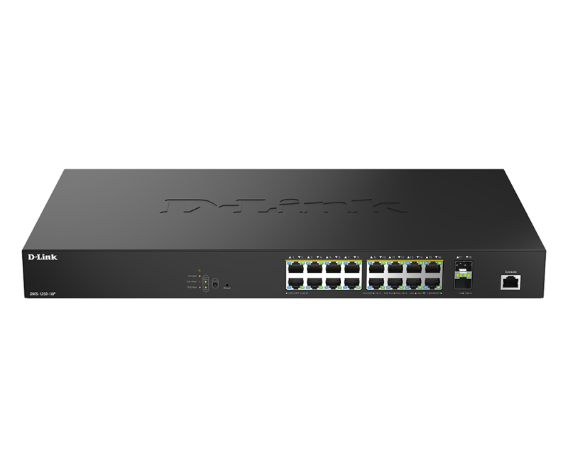 D-Link DMS-1250-18P/E. Switch type: Managed, Switch layer: L2. Basic switching RJ-45 Ethernet ports type: 2.5G Ethernet (100/1000/2500), Basic switching RJ-45 Ethernet ports quantity: 16. MAC address table: 16000 entries, Switching capacity: 120 Gbit/s. Networking standards: IEEE 802.1Q, IEEE - imaginea 1