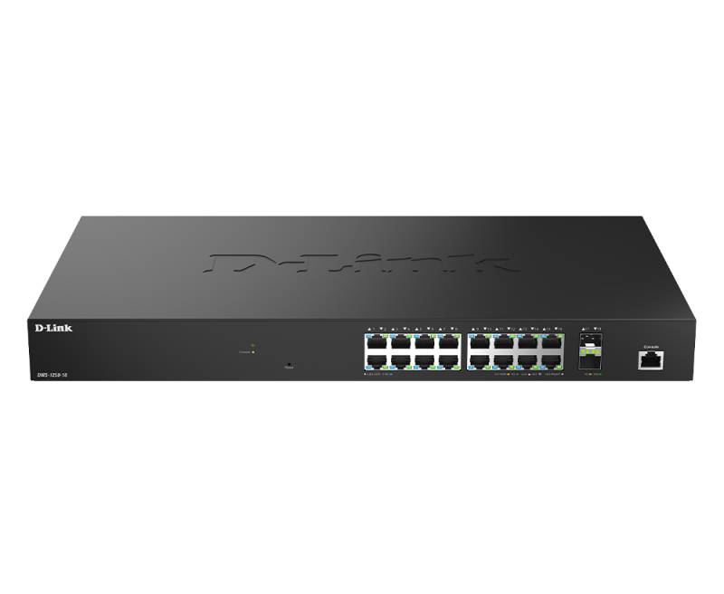 D-Link DMS-1250-18/E. Switch type: Managed, Switch layer: L2. Basic switching RJ-45 Ethernet ports type: 2.5G Ethernet (100/1000/2500), Basic switching RJ-45 Ethernet ports quantity: 16. MAC address table: 16000 entries, Switching capacity: 120 Gbit/s. Networking standards: IEEE 802.1Q, IEEE 802.1p - imaginea 1