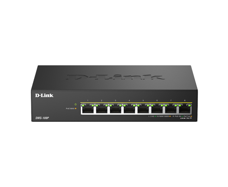 Switch DLink DMS-108P, 8 porturi, PoE, 8 x RJ-45, Auto MDI/MDIX adjustment for all ports, viteza de transfer LAN 2.5 Gbps, capacitate 40 Gbps - imaginea 1