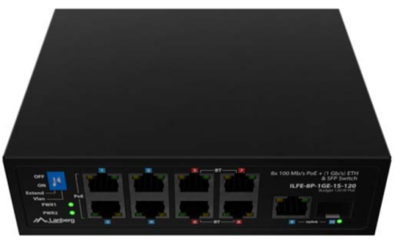 Switch Lanberg ILFE-8P-1GE-1S-120, 1x 1000BASE-T, 1x 1000BASE-X SFP, 4x 100BASE-T 802.3af/802.3at PoE+, 4x 100BASE-T 802.3bt PoE++, maxiumum network link speed 1 Gbps, standarde PoE 802.3at, 802.3af 802.3bt - imaginea 1