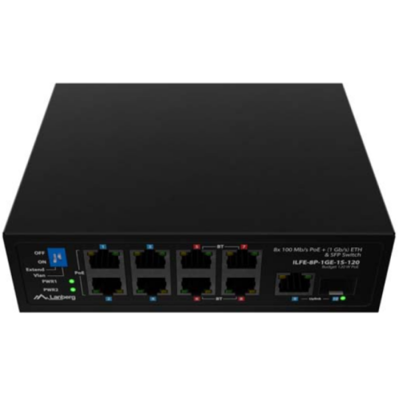 Switch Lanberg ILFE-8P-1GE-1S-120, 1x 1000BASE-T, 1x 1000BASE-X SFP, 4x 100BASE-T 802.3af/802.3at PoE+, 4x 100BASE-T 802.3bt PoE++, maxiumum network link speed 1 Gbps, standarde PoE 802.3at, 802.3af 802.3bt - imaginea 1