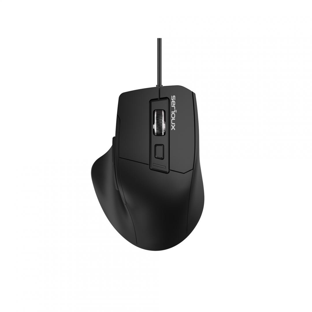 Mouse optic cu fir Serious USB 6D, Culoare neagra, Design ERGO Complet negru cu capac superior din cauciuc, 6 butoane DPI: 1200-1800-2400-3600DPI, Cablu PVC negru de 1,5 m, aaaaawAmbalaj OEM în cutie de culori - imaginea 1