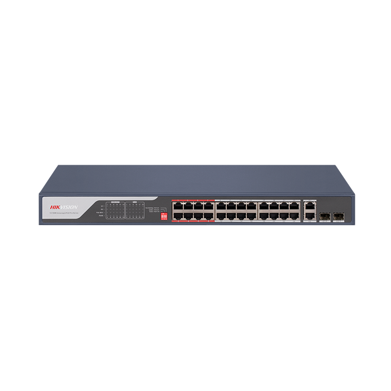 Switch PoE Hikvision DS-3E0326P-E(C): 24 x 10/100Mbps PoE port,2 × Gigabit combo, buget PoE 370 W, tensiune alimentare 100 to 240 V AC, 50/60 Hz, Max. 6.5 A, dimensiuni: 440.00 mm × 44.00 mm × 220.80 mm, greutate: 3.54kg, montare in rack. - imaginea 1