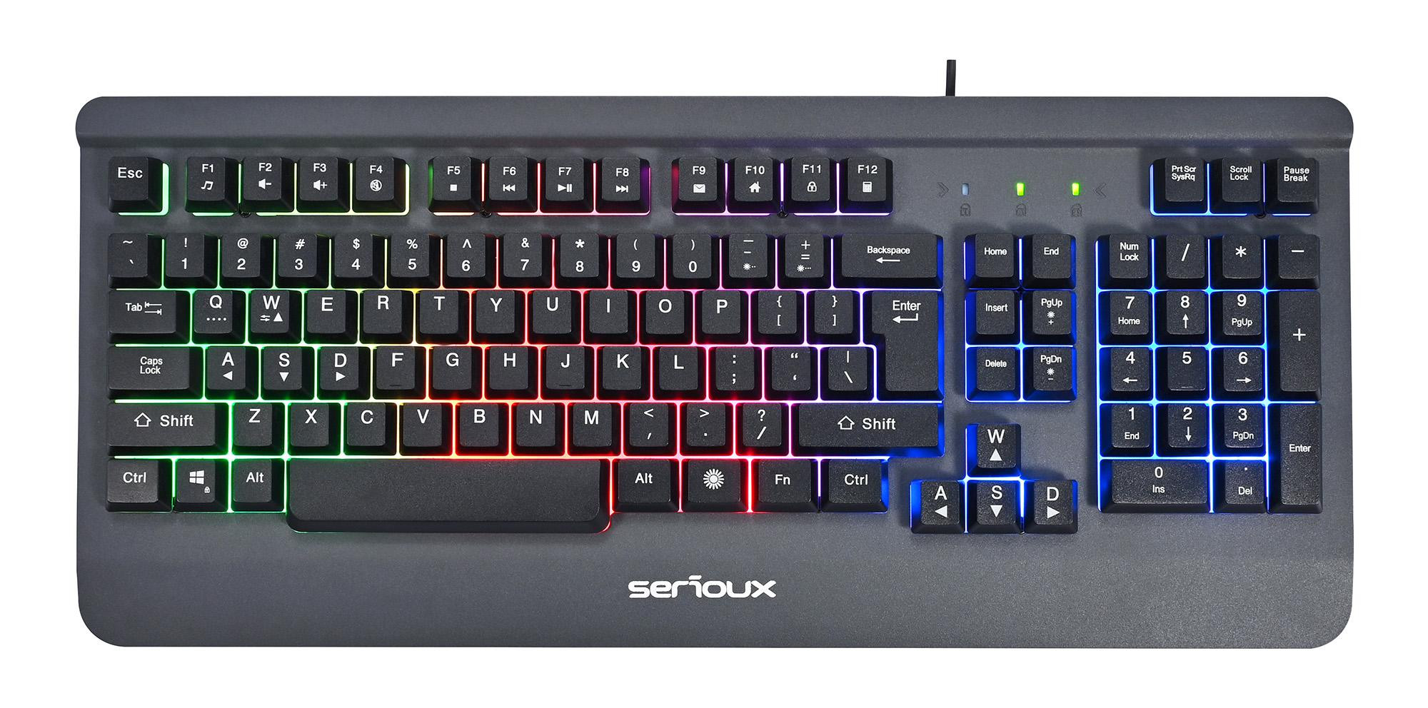 Kit Gaming Serioux Kayel 4 in 1, Tastatura de gaming, 104 taste, 19 taste Anti-ghosting , design slim, iluminare rainbow, structura metalica gri, taste negre + design cu palm rest, cablu USB 1.5M PVC, plug and play; Mouse gaming, senzor Sunplus 199, 800-6400 DPI, switch HUANO, pana la 20 milioane de - imaginea 3