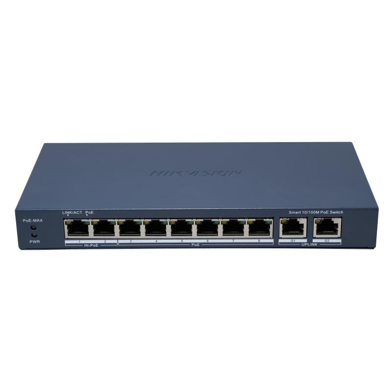 Switch PoE Hikvision DS-3E1310HP-EI(B): 8 x 10/100M PoE Ports, 2 x Gigabit Uplink Ports, 8 porturi PoE maxim 90W, buget PoE 110W, tensiune alimentare 54 VDC, 2.22 A, dimensiuni: 217.6 mm × 27.6 mm × 108.5 mm, greutate: 0.55kg, montare pe birou sau pe perete. - imaginea 1