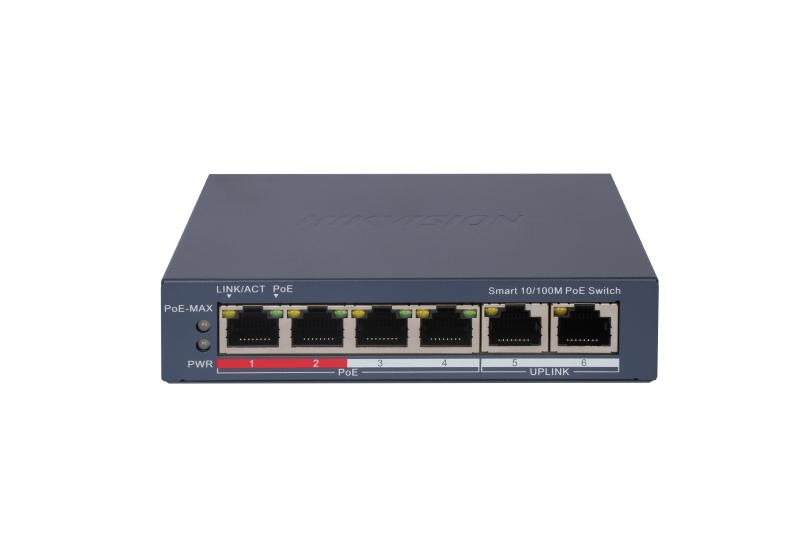 Switch PoE Hikvision DS-3E1106P-EI: 4 × 10/100 Mbps PoE port,2 × 10/100 Mbps RJ45 port, 4 porturi PoE maxim 30W, buget PoE 60W, tensiune alimentare 65 W, dimensiuni: 121.1 mm × 27.6 mm × 83.1 mm, greutate: 0.270kg, montare pe birou sau pe perete. - imaginea 1