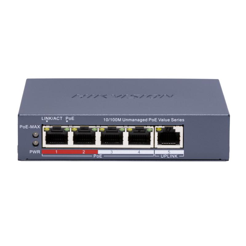 Switch POE 4 porturi Hikvision DS-3E0105P-E/M(C), fara management; 4 × 10/100 Mbps PoE port,1 × 10/100 Mbps RJ45 port, IEEE 802.3af,IEEE 802.3at, PoE power budget 45W, distanta transmisie: 300m; - imaginea 1