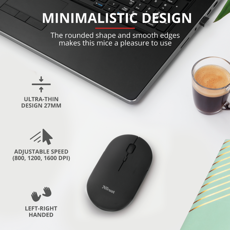 Mouse Wireless Trust Puck Rechargeable Wireless Ultra-Thin Mouse, 1600 dpi, Negru - imaginea 3