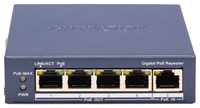 Repetor PoE Hikvision DS-3E0505P-E/R: 5 × 10/100 Mbps PoE PoE RJ45 port, 4 porturi PoE maxim 30W, buget PoE 60W, dimensiuni: 105.00 mm × 27.6 mm × 83.1 mm, greutate: 0.25kg, montare pe birou sau pe perete. - imaginea 1