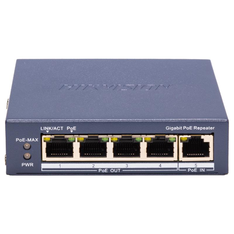 Repetor PoE Hikvision DS-3E0505P-E/R: 5 × 10/100 Mbps PoE PoE RJ45 port, 4 porturi PoE maxim 30W, buget PoE 60W, dimensiuni: 105.00 mm × 27.6 mm × 83.1 mm, greutate: 0.25kg, montare pe birou sau pe perete. - imaginea 1