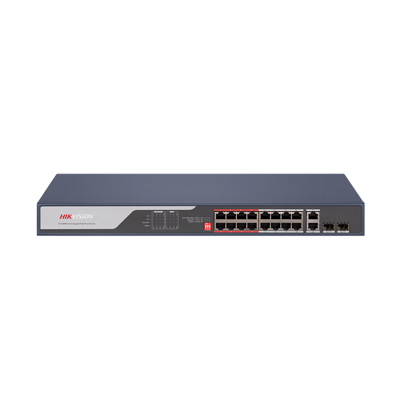 16 Port Fast Ethernet Unmanaged POE Switch Hikvision DS-3E0318P-E(C) Intelligent PoE management. Up to 300 m long range PoE transmission. Port isolation to improve network security. 6 KV surge protection to improve reliability in harsh environment. PoE watchdog to auto-detect and restart cameras - imaginea 1