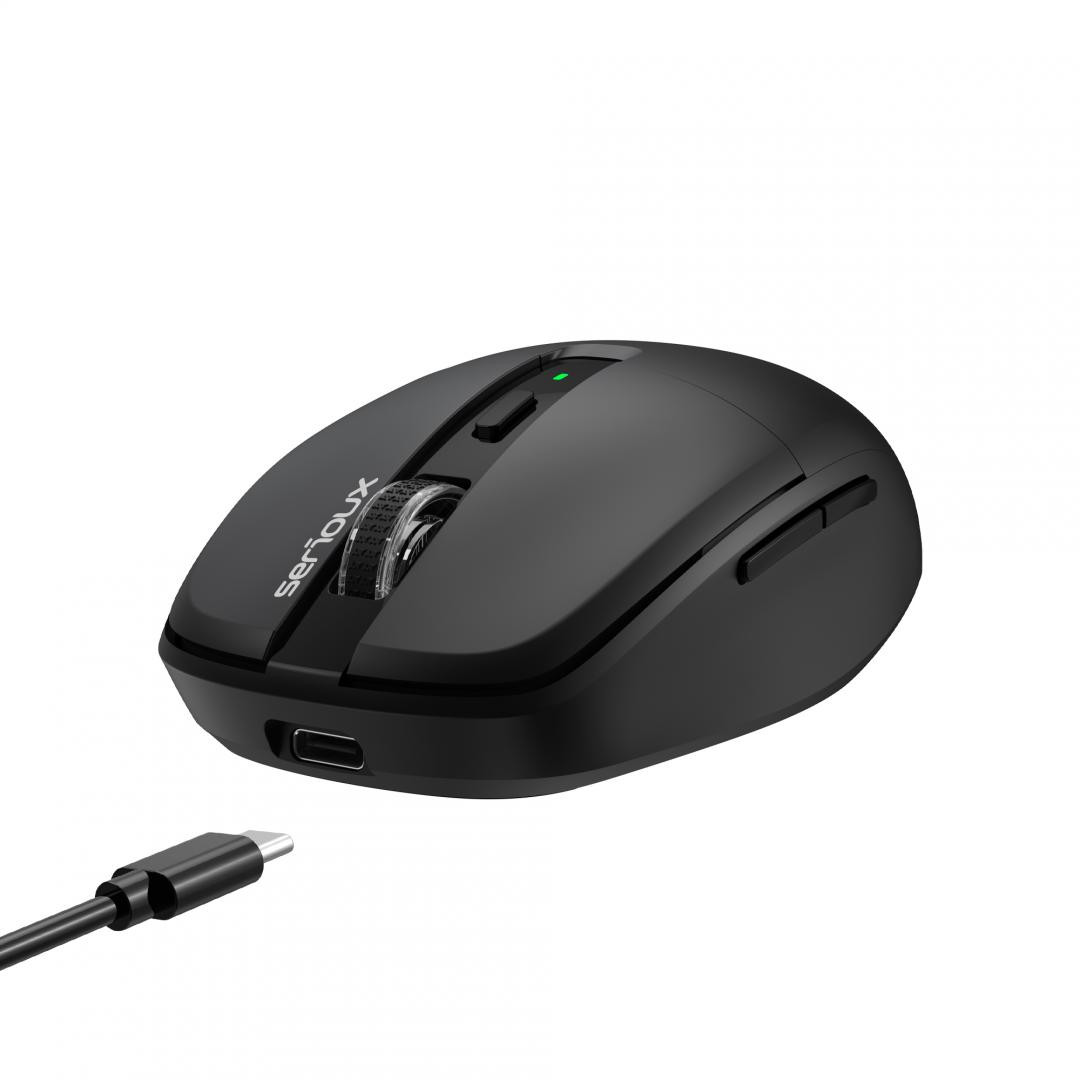 Mouse wireless AirFlow 2.4G+BT cu mod dual, cu receptor dual USB-A +USB-C; LED frontal  Mod: 2.4G + Bluetooth  Număr cheie: 6  Material: ABS  Culoare: Negru complet  DPI: 800-1200-1600  Comutator: Clic silențios pentru butonul L-R  Interfață: Receptor dual USB-A + TYPE-C  Baterie: Baterie litiu de - imaginea 5