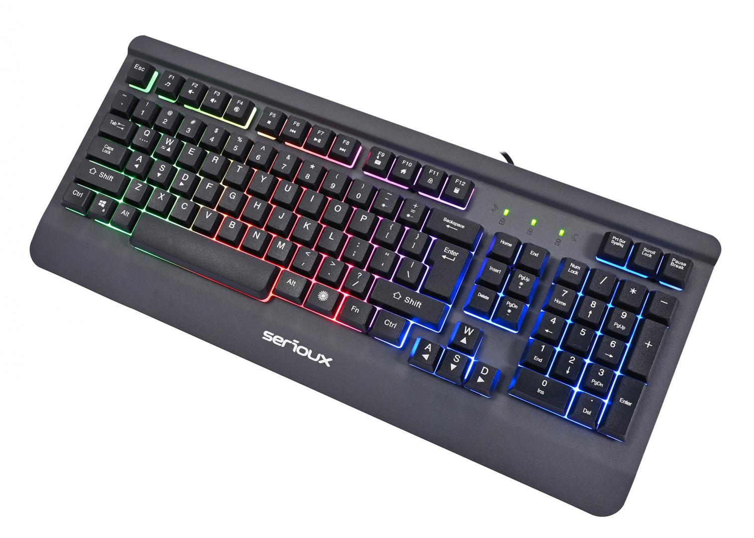 Kit Gaming Serioux Kayel 4 in 1, Tastatura de gaming, 104 taste, 19 taste Anti-ghosting , design slim, iluminare rainbow, structura metalica gri, taste negre + design cu palm rest, cablu USB 1.5M PVC, plug and play; Mouse gaming, senzor Sunplus 199, 800-6400 DPI, switch HUANO, pana la 20 milioane de - imaginea 4