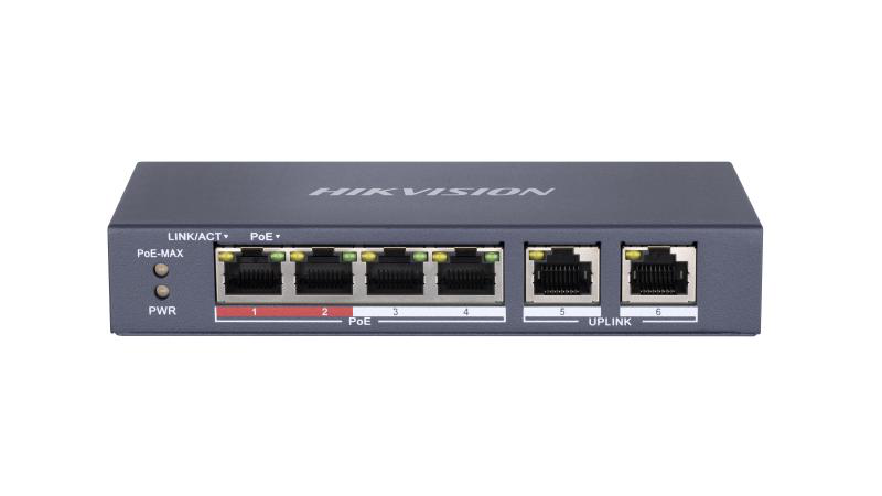 Switch PoE Hikvision DS-3E0106P-E/M(B): 4 x 10/100Mbps PoE port, and 2 × 10/100Mbps RJ45 port, 4 porturi PoE maxim 30W, buget PoE 35W, tensiune alimentare 48 VDC, 0.8 A, dimensiuni: 145 mm × 68.45 mm × 25.6 mm, greutate: 0.27kg, montare pe birou sau pe perete. - imaginea 1