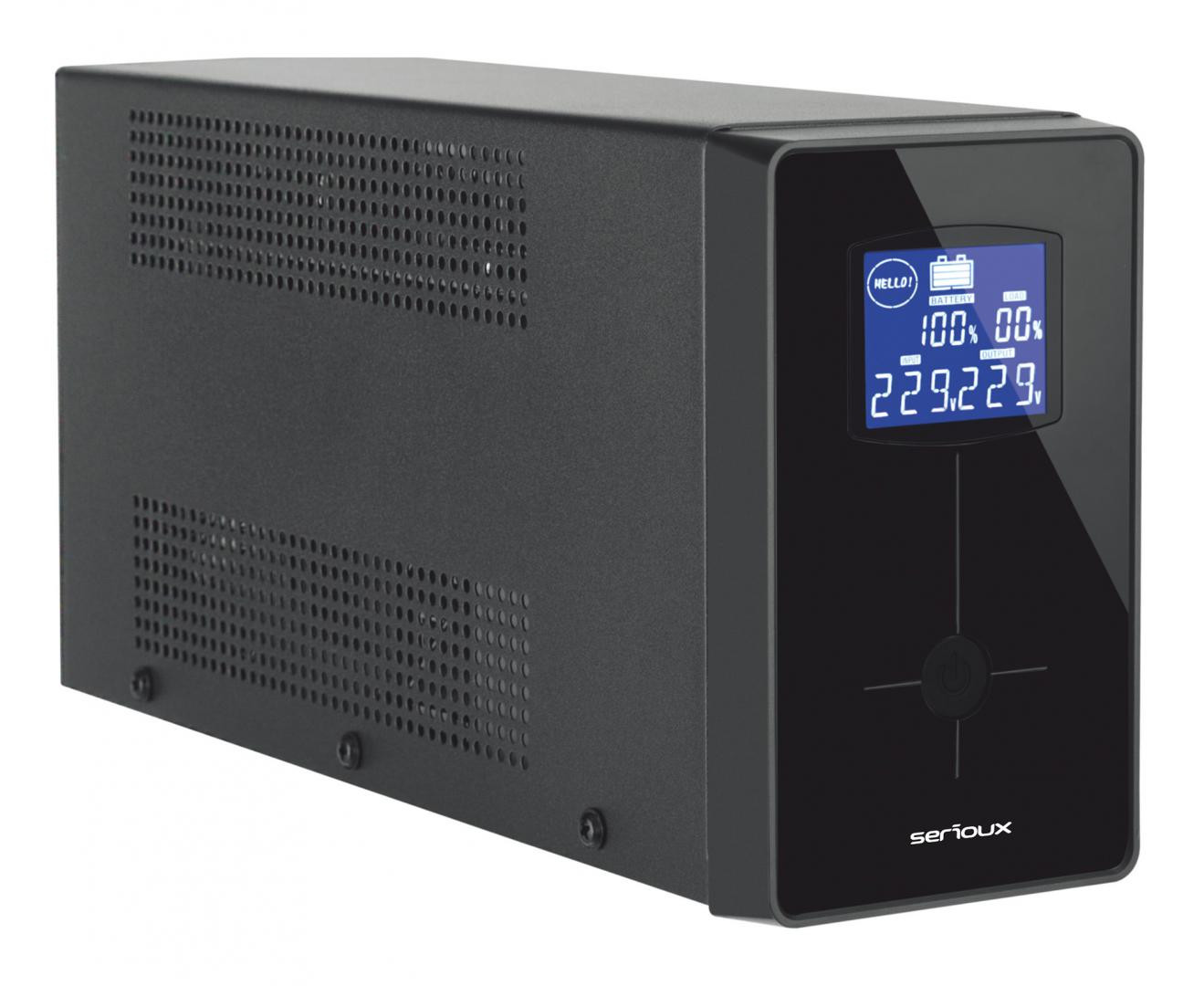 UPS Serioux Line Interactive 1200LI, ecran LCD, capacitate 1200VA/720W, 4 prize Schuko , baterie 12 V / 7.0 Ah × 2, timp mediu de functionare pe baterii 10 min - 50% sarcina, management USB/RJ45, software inclus - imaginea 1