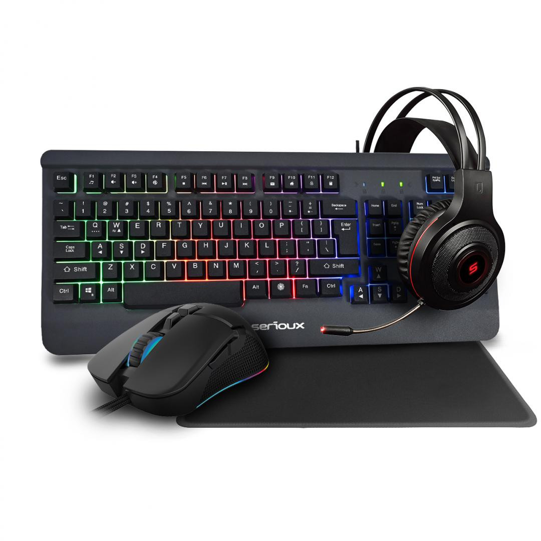 Kit Gaming Serioux Kayel 4 in 1, Tastatura de gaming, 104 taste, 19 taste Anti-ghosting , design slim, iluminare rainbow, structura metalica gri, taste negre + design cu palm rest, cablu USB 1.5M PVC, plug and play; Mouse gaming, senzor Sunplus 199, 800-6400 DPI, switch HUANO, pana la 20 milioane de - imaginea 1