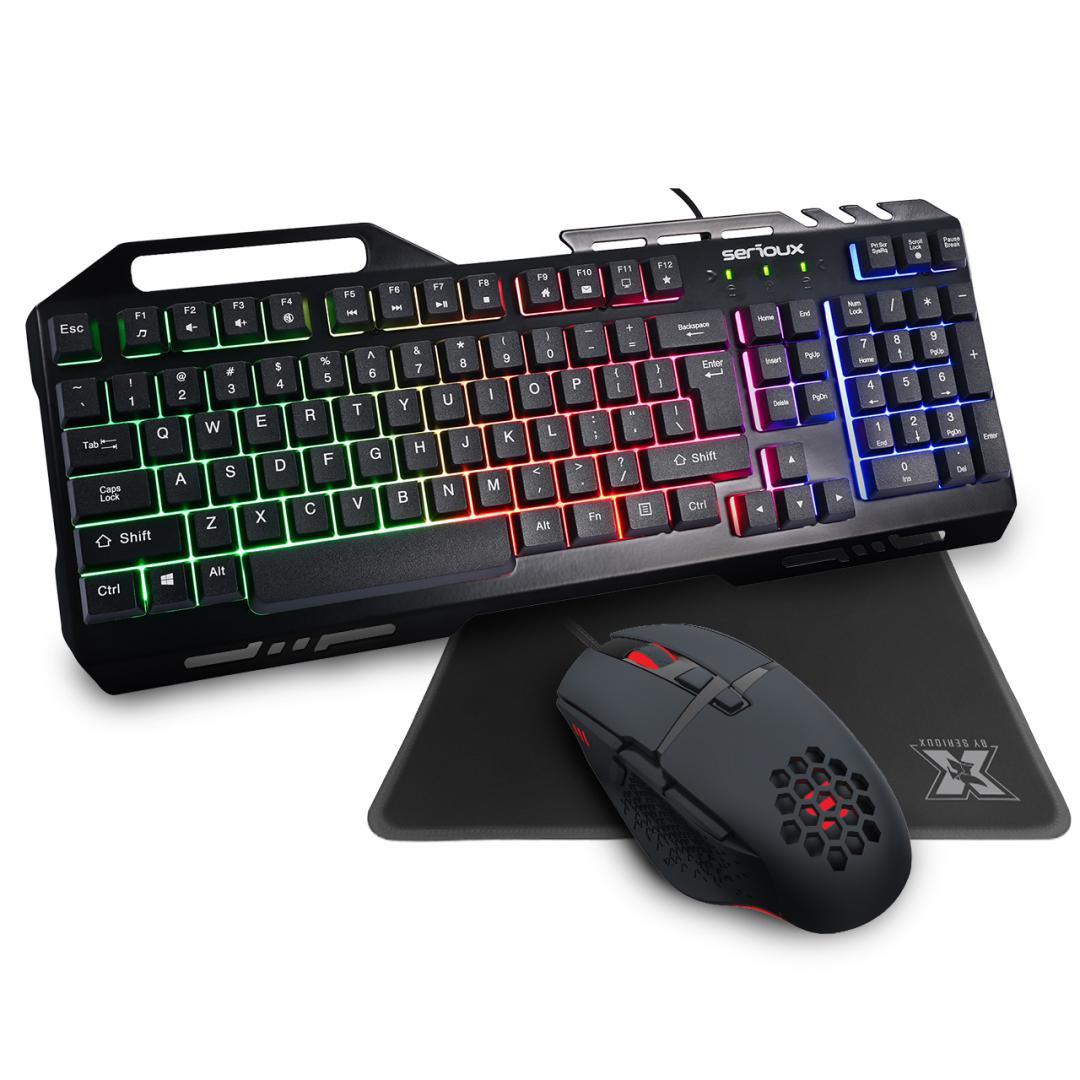 Kit Gaming Serioux Tobis 3 in 1, Tastatura de gaming, 104 taste, 7 taste Anti-ghosting, design slim, iluminare rainbow, structura metalica + taste negre, suport telefon, cablu USB 1.5M PVC, plug and play; Mouse gaming, senzor Sunplus 192, 1000-6400 DPI, switch HUANO, pana la 20 milioane de - imaginea 1