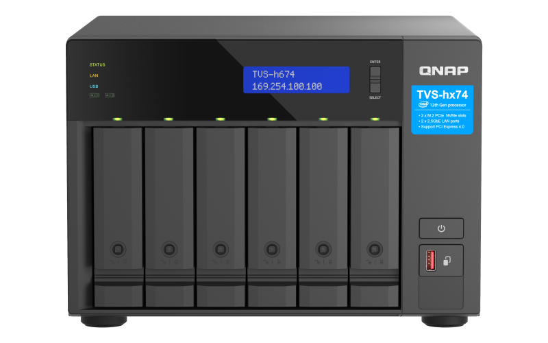 NAS QNAP H674 6-Bay, CPU Intel Core i5-12400 6-core 12-thread Processor, up to 4.4GHz, RAM 32GB (2x 16GB) DDR4 SODIMM (Max. 128GB), 6 x 2.5"/3.5" SATA 6Gbps + 2 x M.2 2280 NVMe HDD (neincluse),  LAN: 2 x 2.5GbE (2.5G/1G/100M/10M), USB3.2 Gen1: 3 (2 x USB-A + 1 x USB-C), Tower, Single PSU, 250W - imaginea 1