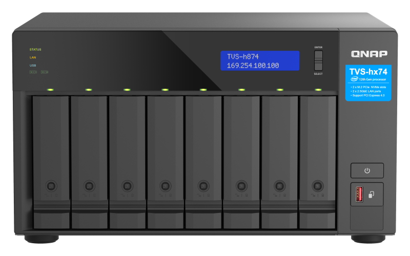 NAS QNAP H874 8-Bay, CPU Intel® Core™ i7 12-core 20-thread Processor, RAM 32GB (2x 16GB) DDR4 SODIMM (Max. 64GB), 8 x 2.5"/3.5" SATA 6Gbps + 2 x M.2 2280 NVMe HDD (neincluse),  LAN: 2 x 2.5GbE (2.5G/1G/100M/10M), Tower, Single PSU, 350W, garantie 3 ani - imaginea 1