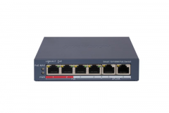 Switch PoE Hikvision DS-3E1106P-EI: 4 × 10/100 Mbps PoE port,2 × 10/100 Mbps RJ45 port, 4 porturi PoE maxim 30W, buget PoE 60W, tensiune alimentare 65 W, dimensiuni: 121.1 mm × 27.6 mm × 83.1 mm, greutate: 0.270kg, montare pe birou sau pe perete. — Nou