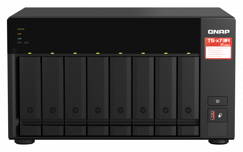 NAS QNAP 873A 8-Bay, CPU AMD Ryzen V1000 series V1500B 4C/8T 2.2GHz, RAM 8GB (1x 8GB) DDR4 (2 x SODIMM slots, max. 64GB, suport optional ECC RAM), 8x 2.5/3.5 SATA 6Gbps, 2x M.2 2280 NVMe PCIe Gen3 x1 HDD (neincluse), LAN: 2 x 2.5GbE (optional port 10GbE prin placa PCIe), tower, single PSU, 250W - imaginea 1