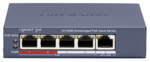 Switch POE 4 porturi Hikvision DS-3E0105P-E/M(C), fara management; 4 × 10/100 Mbps PoE port,1 × 10/100 Mbps RJ45 port, IEEE 802.3af,IEEE 802.3at, PoE power budget 45W, distanta transmisie: 300m; — Nou
