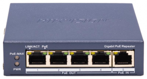 Repetor PoE Hikvision DS-3E0505P-E/R: 5 × 10/100 Mbps PoE PoE RJ45 port, 4 porturi PoE maxim 30W, buget PoE 60W, dimensiuni: 105.00 mm × 27.6 mm × 83.1 mm, greutate: 0.25kg, montare pe birou sau pe perete.