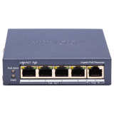 Repetor PoE Hikvision DS-3E0505P-E/R: 5 × 10/100 Mbps PoE PoE RJ45 port, 4 porturi PoE maxim 30W, buget PoE 60W, dimensiuni: 105.00 mm × 27.6 mm × 83.1 mm, greutate: 0.25kg, montare pe birou sau pe perete. — Nou